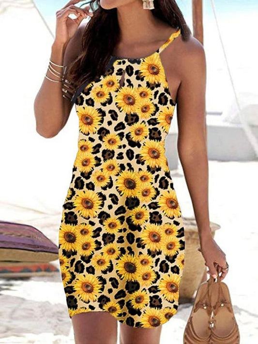 Sunflower Leopard Sling Slim Fit Sleeveless Dress