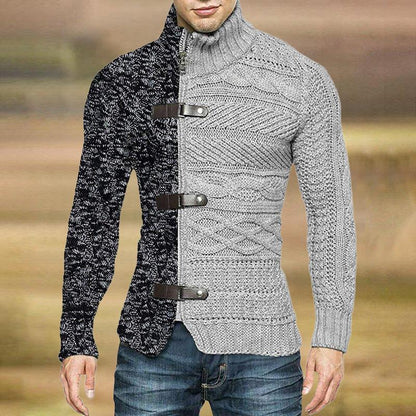 2022 autumn/winter turtleneck sweater men's color matching leather button long-sleeved knitted cardigan