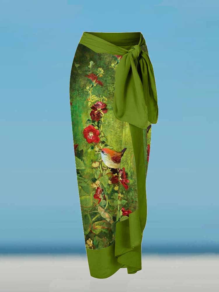 Fashion V-Neck Floral Oil Painting Print One Piece Swimsuit Set