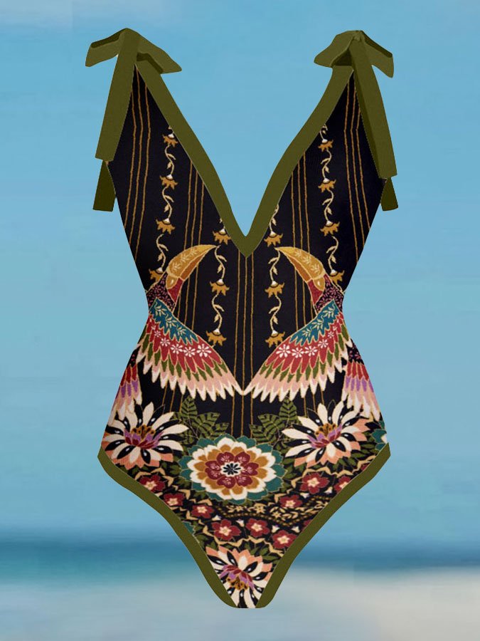 Vintage Abstract Colorblock Print One-Piece Swimsuit