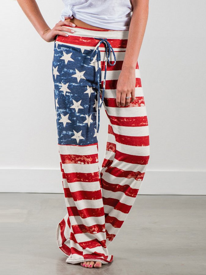 Women's Flag Print Casual Pants Trousers Loose Wide Leg Pants
