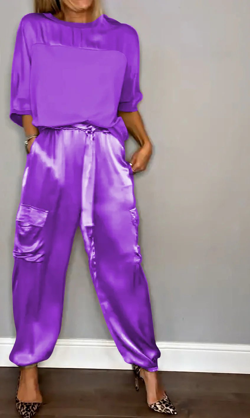 Smooth Satin Half-sleeved Top and Pants SetBUY 2 SETS FREE SHIPPING