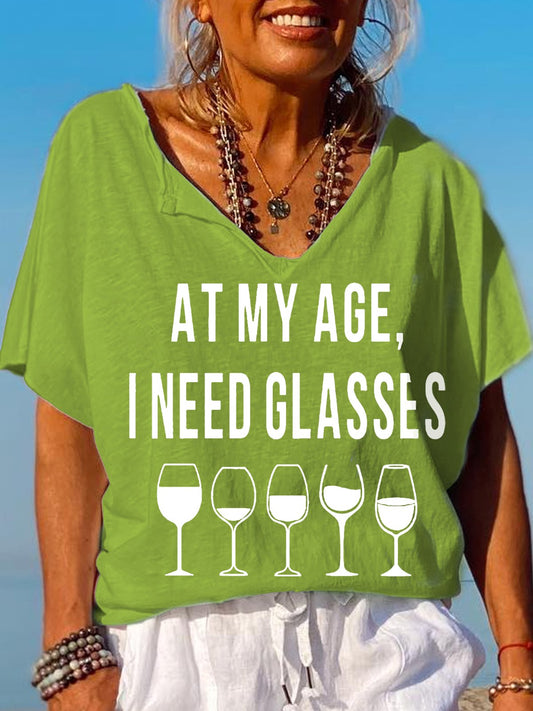 Women's At My Age, I Need Glasses Funny Graphic V-Neck Tee