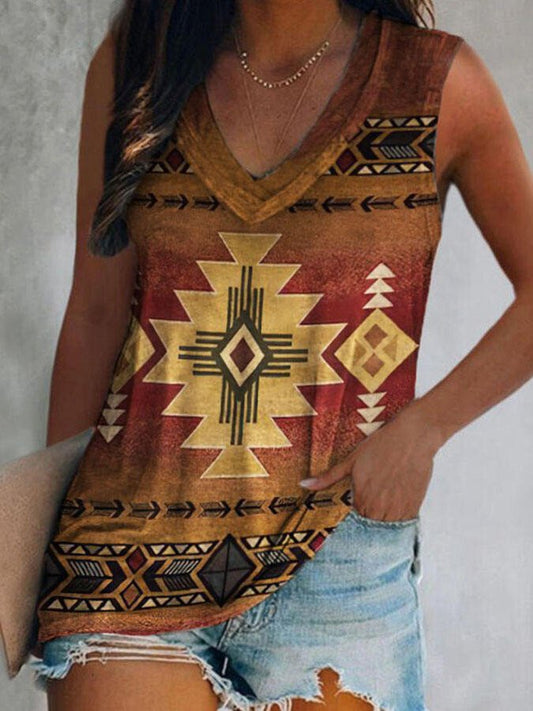 Vintage Geometric Print V-Neck T-Shirt