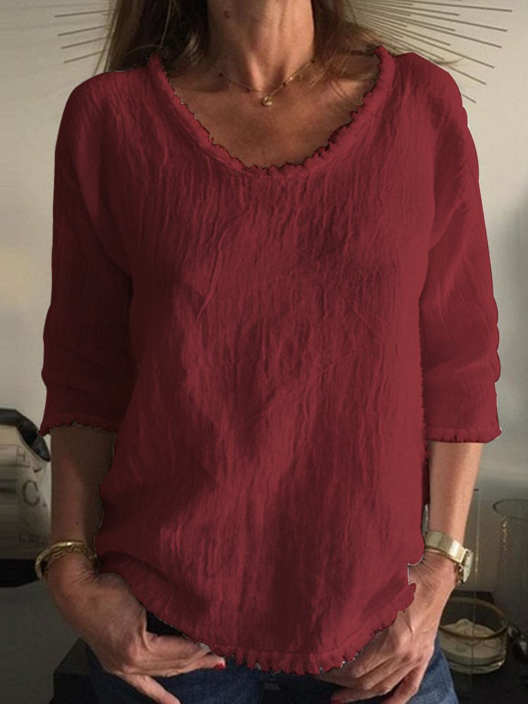 Women's Cotton Linen Solid Color Casual Loose Crew Neck T-Shirt