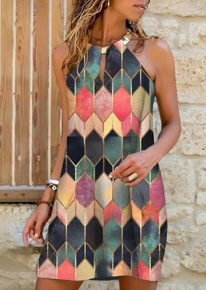 Summer Mid-Length Metal Halterneck Plaid Dress