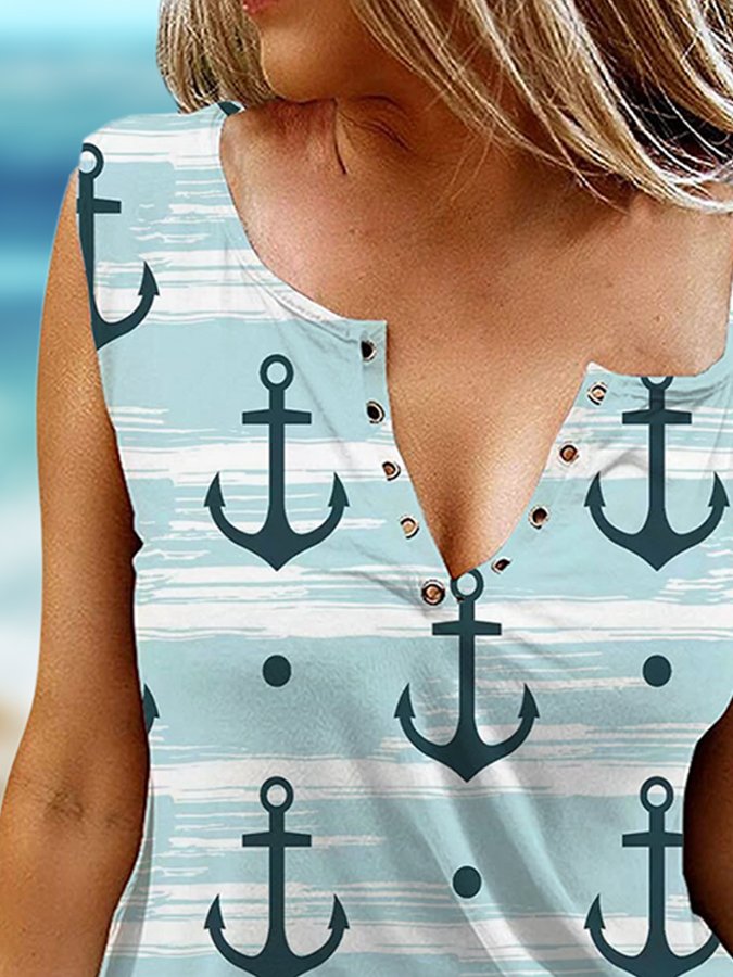 Ocean Print V-Neck Sleeveless Tank Top