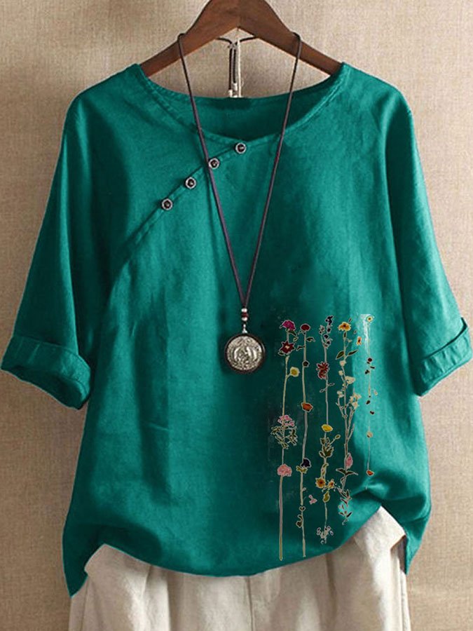 Cotton Linen Button Short Sleeve Top