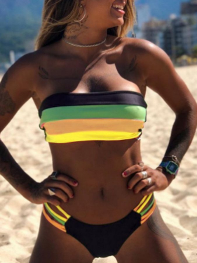 Women's Casual Beach Plain Cloth Stitched Stripe Swimsuit