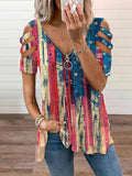 Women's Independence Day Vintage Flag Print Zipper V-Neck Off-Shoulder T-Shirt