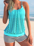 Striped Lace Stitching Cyan Tankini Set