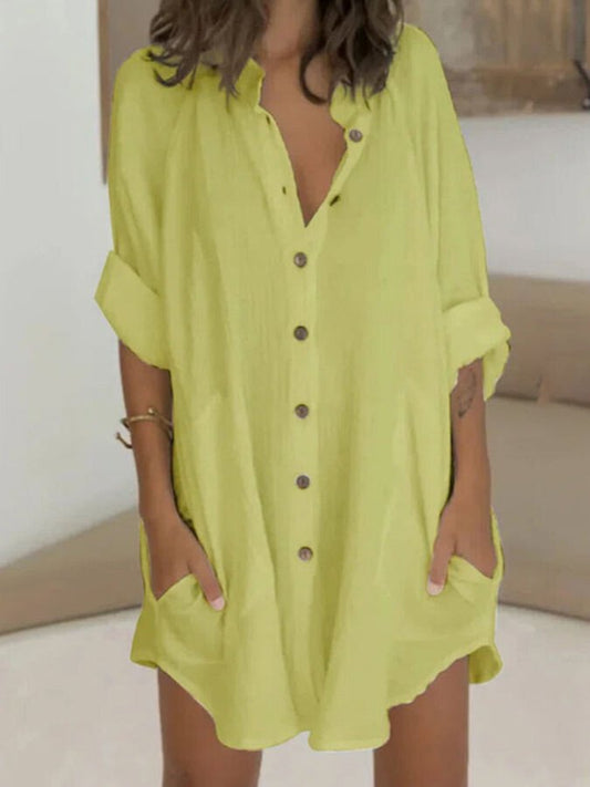 Women's Cotton Linen Breasted Mid Length Loose Shirt