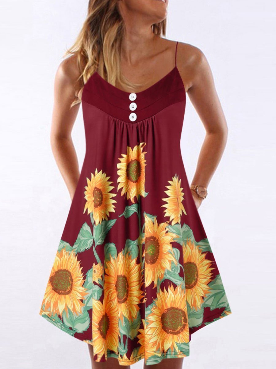 Sunflower Print Strapless Dress