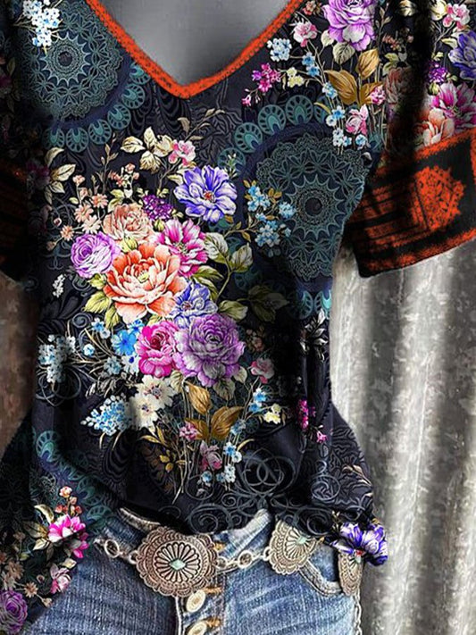 V-Neck Ethnic Floral Print T-Shirt