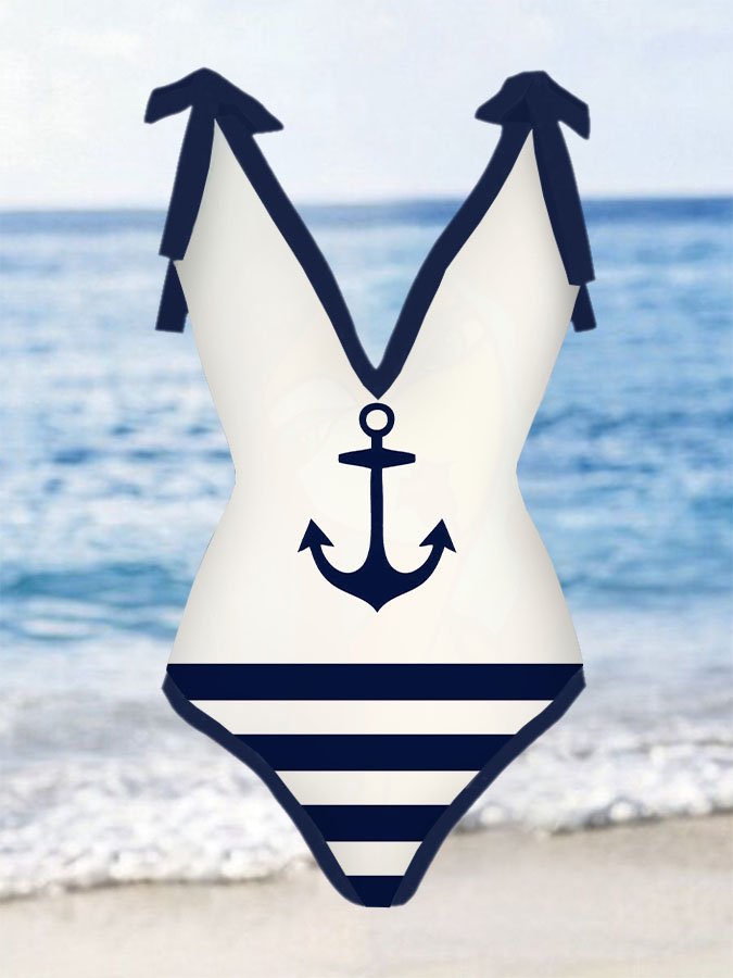 V-Neck Boat Sight One Piece Swimsuit Set