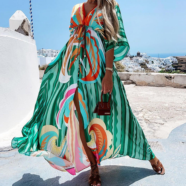 Printed button bat sleeve dress