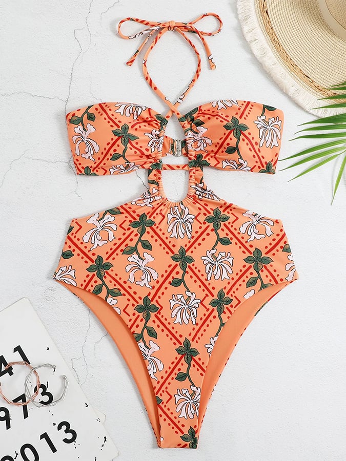 Women's Vintage Floral Print Halter Swimsuit Set