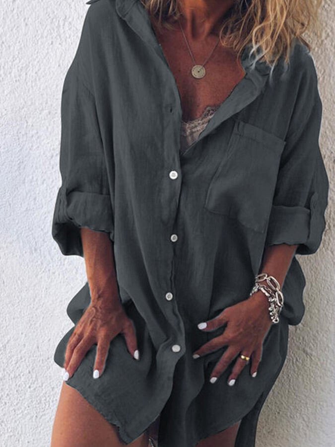 Ladies Cotton Linen Casual Loose Pocket Shirt