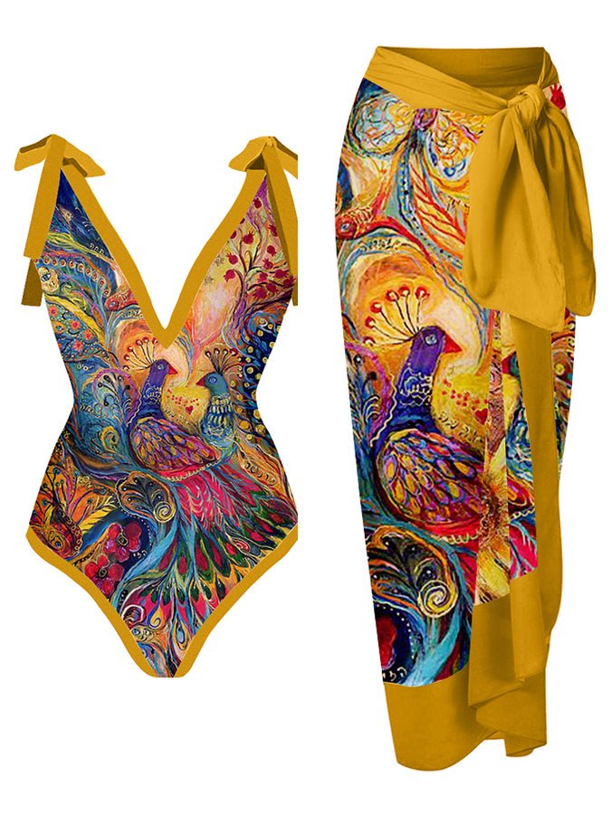 Deep V Vintage Abstract Print One-Piece Swimsuit Set