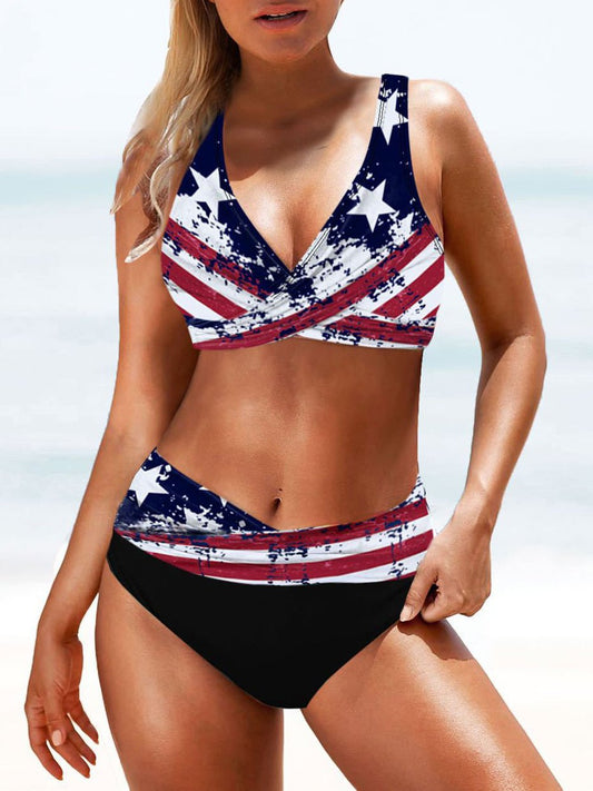 Women's Flag Print Split High Waist Bikini Swimsuit