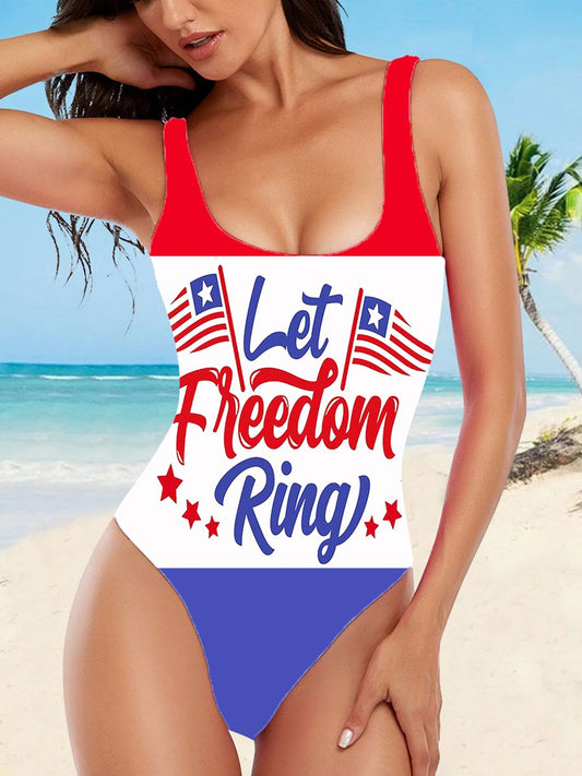 Women's Flag LET FREEDOM RING Print One Piece Swimsuit