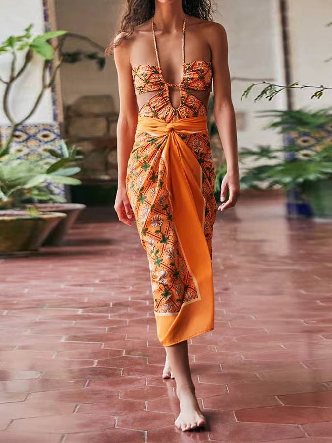 Women's Vintage Floral Print Halter Swimsuit Set