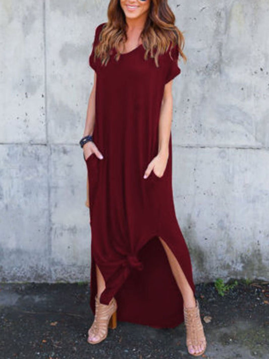 Casual Style Solid Color Short Sleeves High Split Maxi Dress