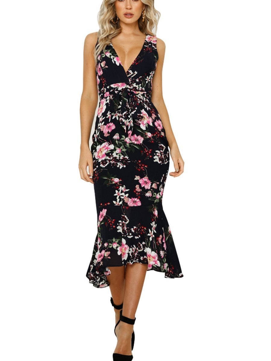 V-Neck Sleeveless Floral Dress