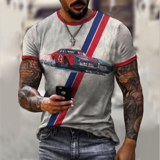 Retro car engine oil print short sleeve T-shirt