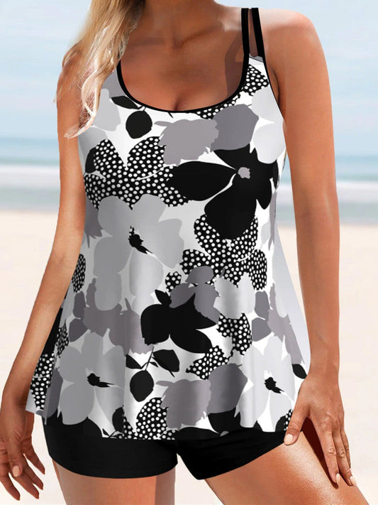 Black Floral Print Double Straps Tankini Set