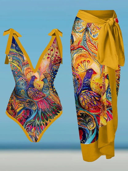 Deep V Vintage Abstract Print One-Piece Swimsuit Set