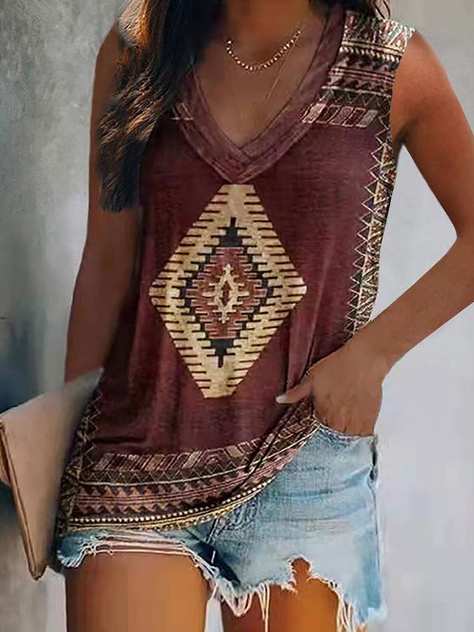 Ethnic Print V-Neck Vest