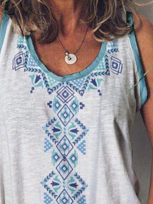 Printed Round Neck Sleeveless Loose T-Shirt