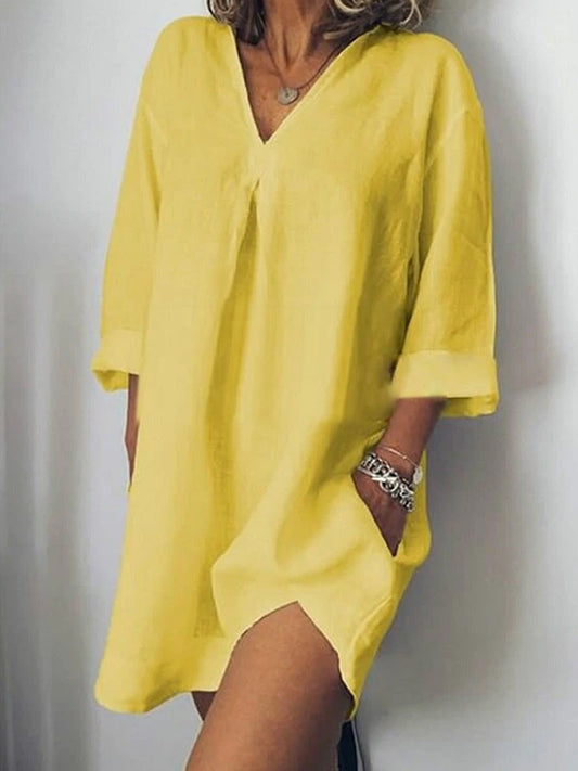 Women's Pure Color V-Neck Linen Dress