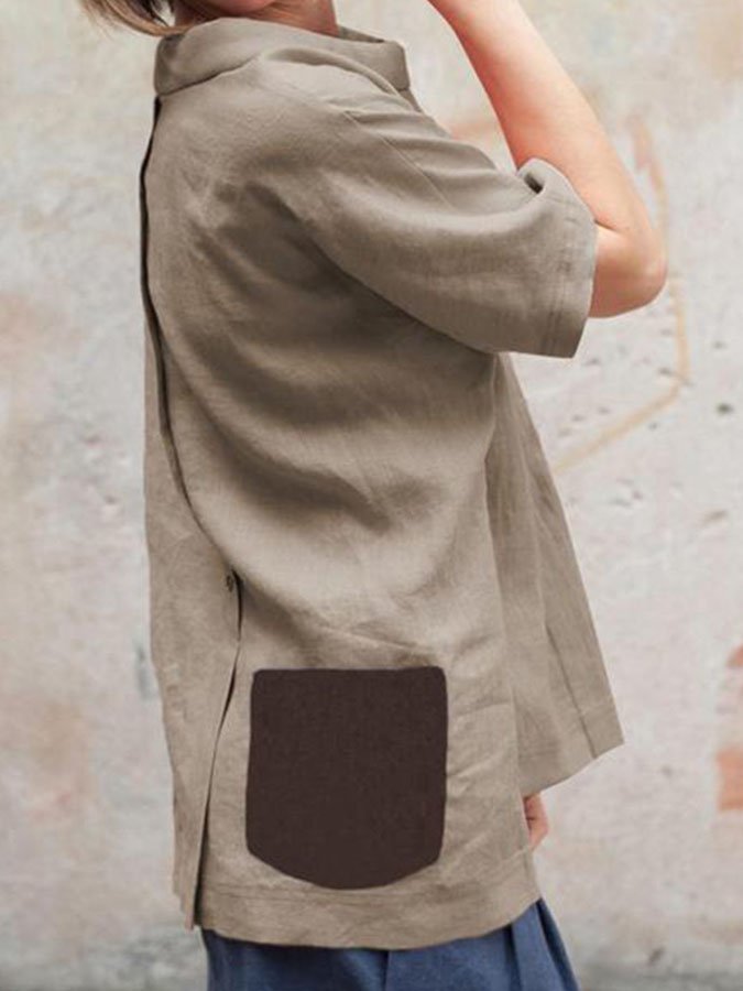 Round Neck Solid Color Cotton And Linen T-Shirt