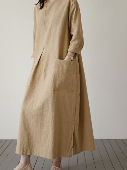 Cotton and Linen Long Sleeve Round Neck Swing Dress