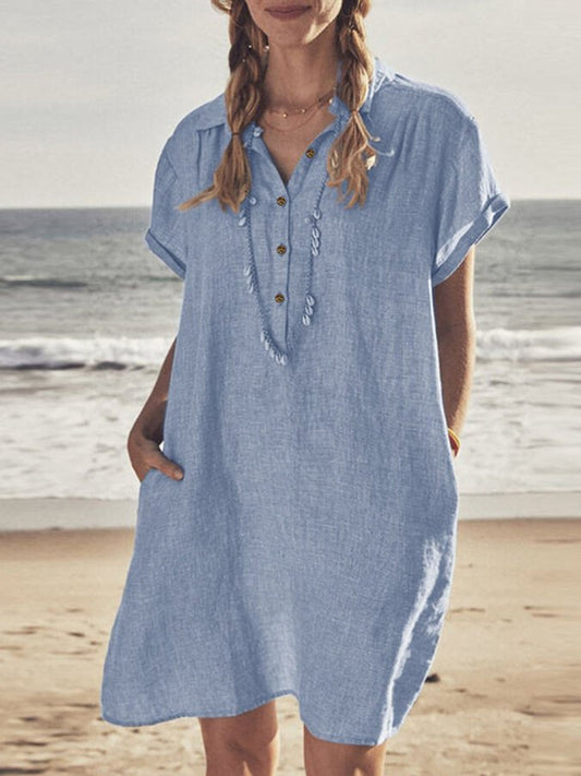 Cotton Linen Shirt Collar Casual Dress