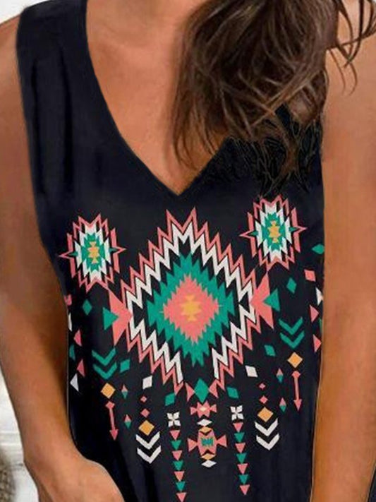 V-Neck Geometric Ethnic Print Sleeveless T-Shirt