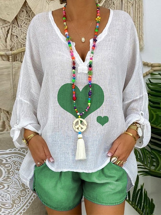 Women's Cotton Linen Heart V-Neck Loose Top