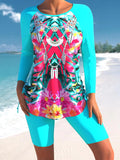 Floral Print Round Neck Cyan Tankini Set