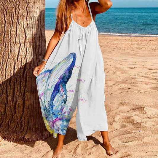 Women's Plus Size Casual Dolphin Print Sleeveless Jumpsuit