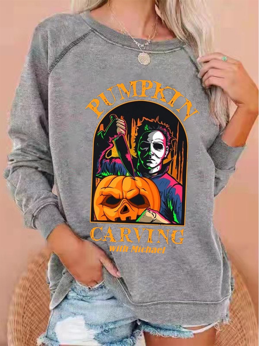 Women's Halloween Pumpkin Carving With Michael Print Top