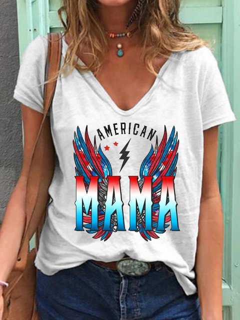 Women's American Mama Independence Day Print V-Neck T-Shirt