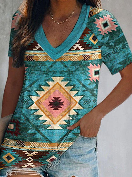 Vintage Geometric Print V-Neck T-Shirt