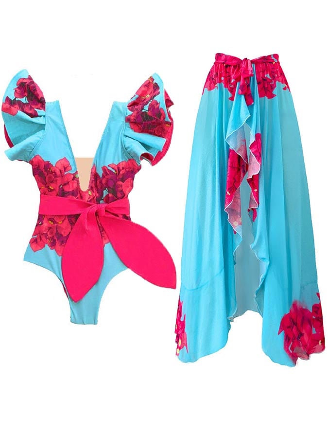 Fashion Floral Print Ruffle Colorblock One-Piece Swimsuit