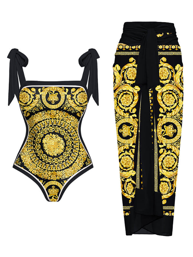 Bowknot Tie-shoulder One Piece Swimsuit and Sarong