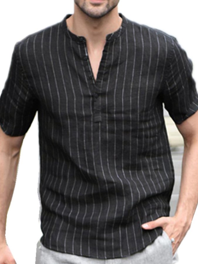 Men's Cotton Linen Striped Casual Stand Collar Pullover Shirt