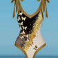 V-Neck Colorblock Butterfly Print One-Piece Swimsuit Set