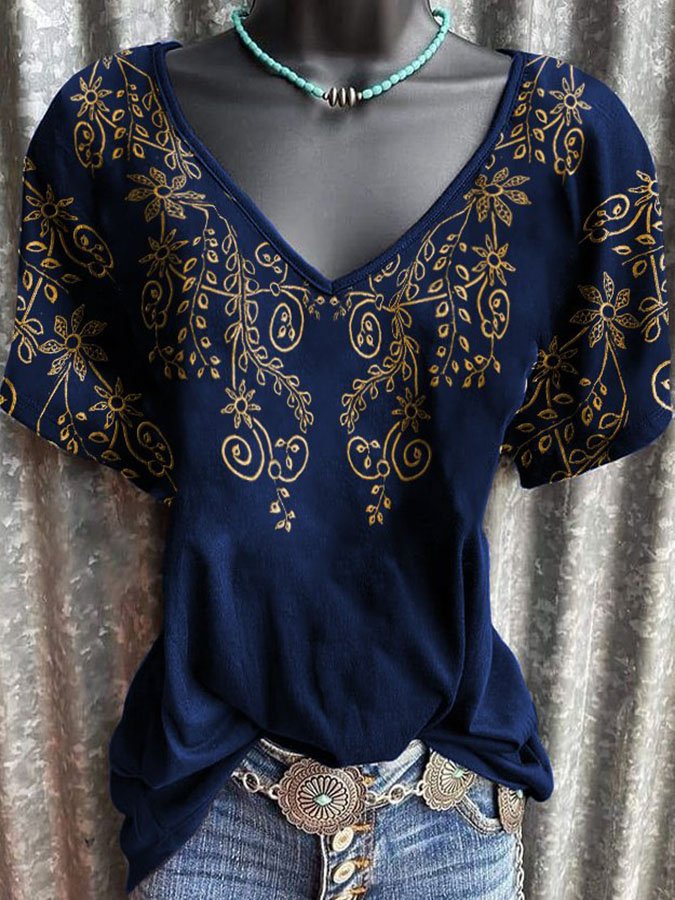 V-Neck Ethnic Floral Print T-Shirt