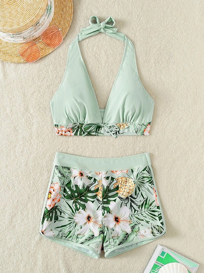 Women's Botanical Print High-Rise Boxer Bikini Swimsuit